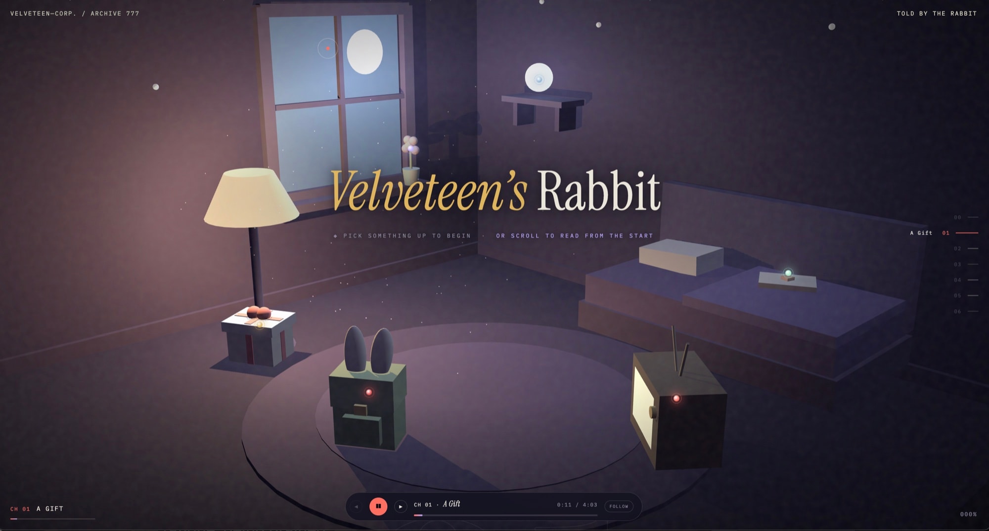 The 3D nursery that did not ship. Objects around the room were chapter navigation. It was the best-looking thing I made for this project and it was wrong for it.