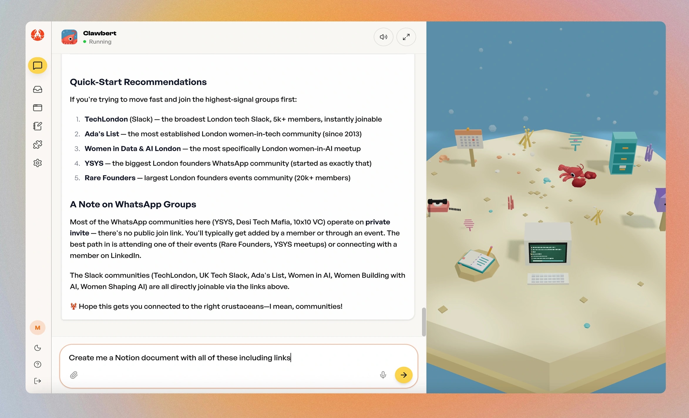 Clawbert's answer to a request for London tech communities: five recommendations, each with why it is worth joining, a note on which groups are invite-only and how to get in, and a follow-up request to turn the list into a document.