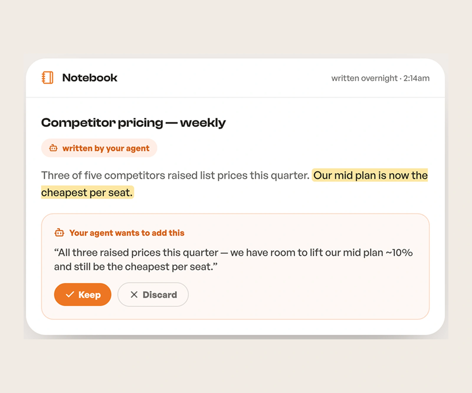 A notebook page marked written by your agent, with a proposed addition in a highlighted card and Keep and Discard buttons.