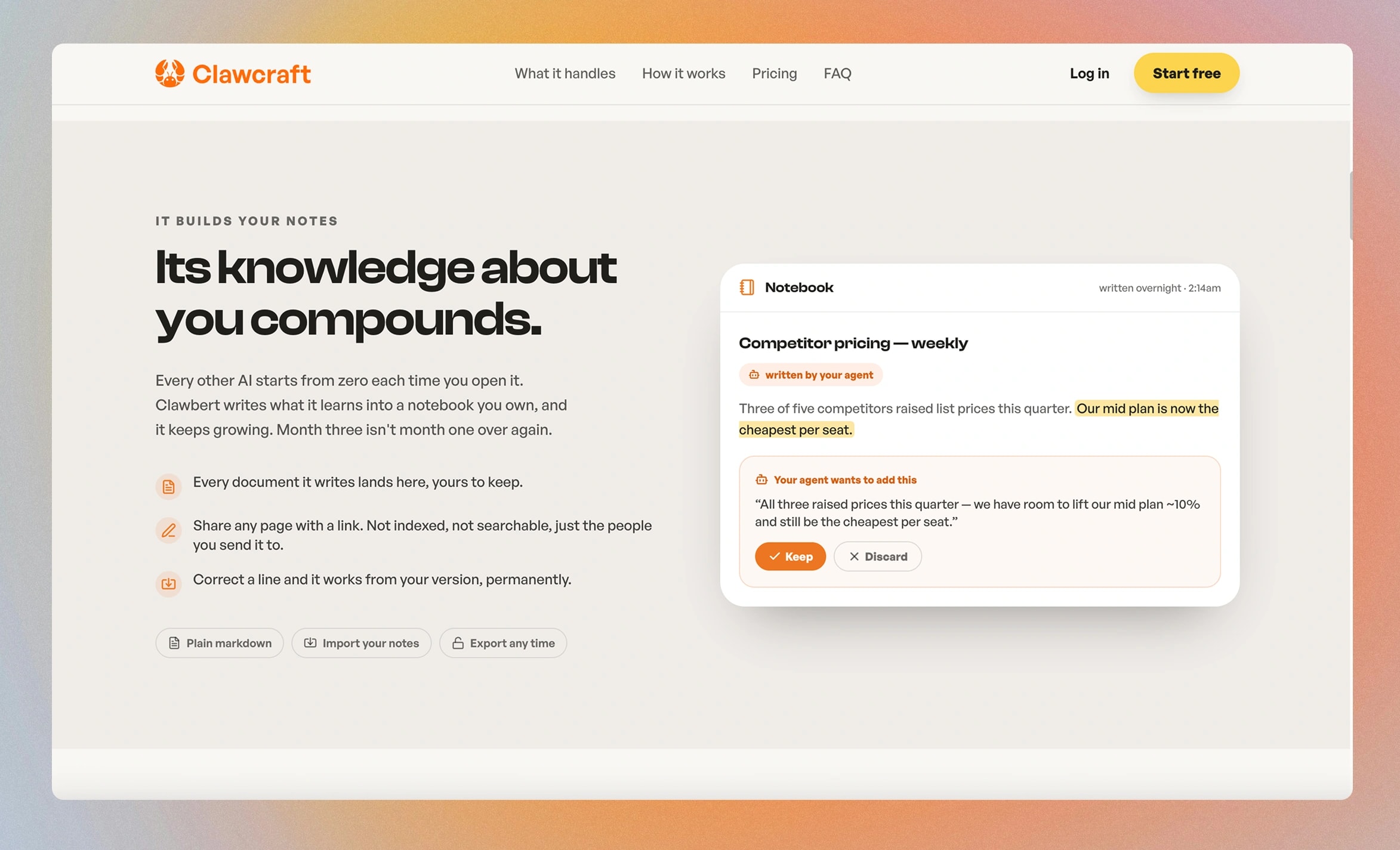 Its knowledge about you compounds. The notebook section, with a page written overnight by the agent and a proposed addition to keep or discard, above plain markdown, import and export.