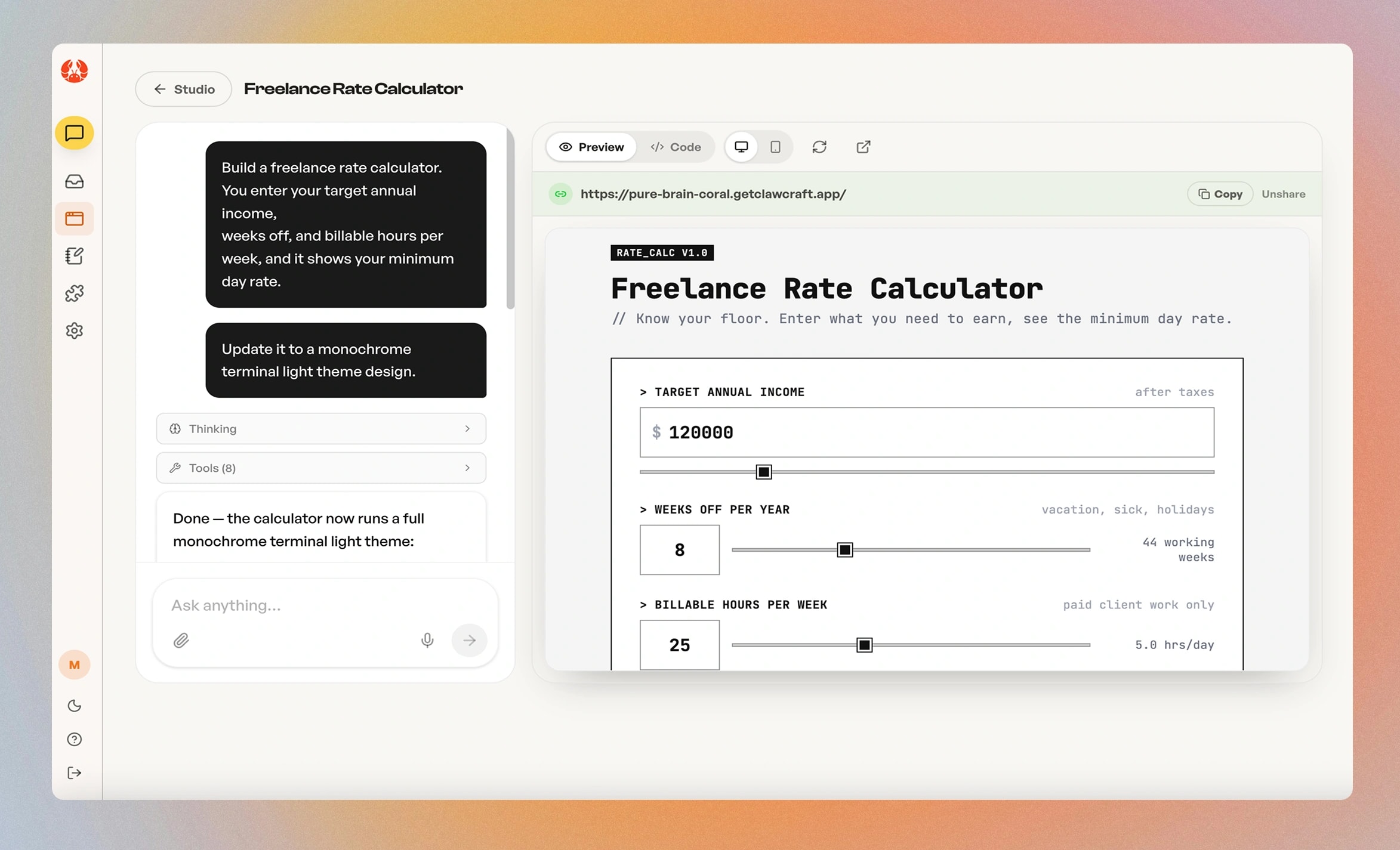 Studio building a freelance rate calculator. The request and a restyle request in the chat on the left, and a live preview on the right under its public address, with Copy and Unshare.