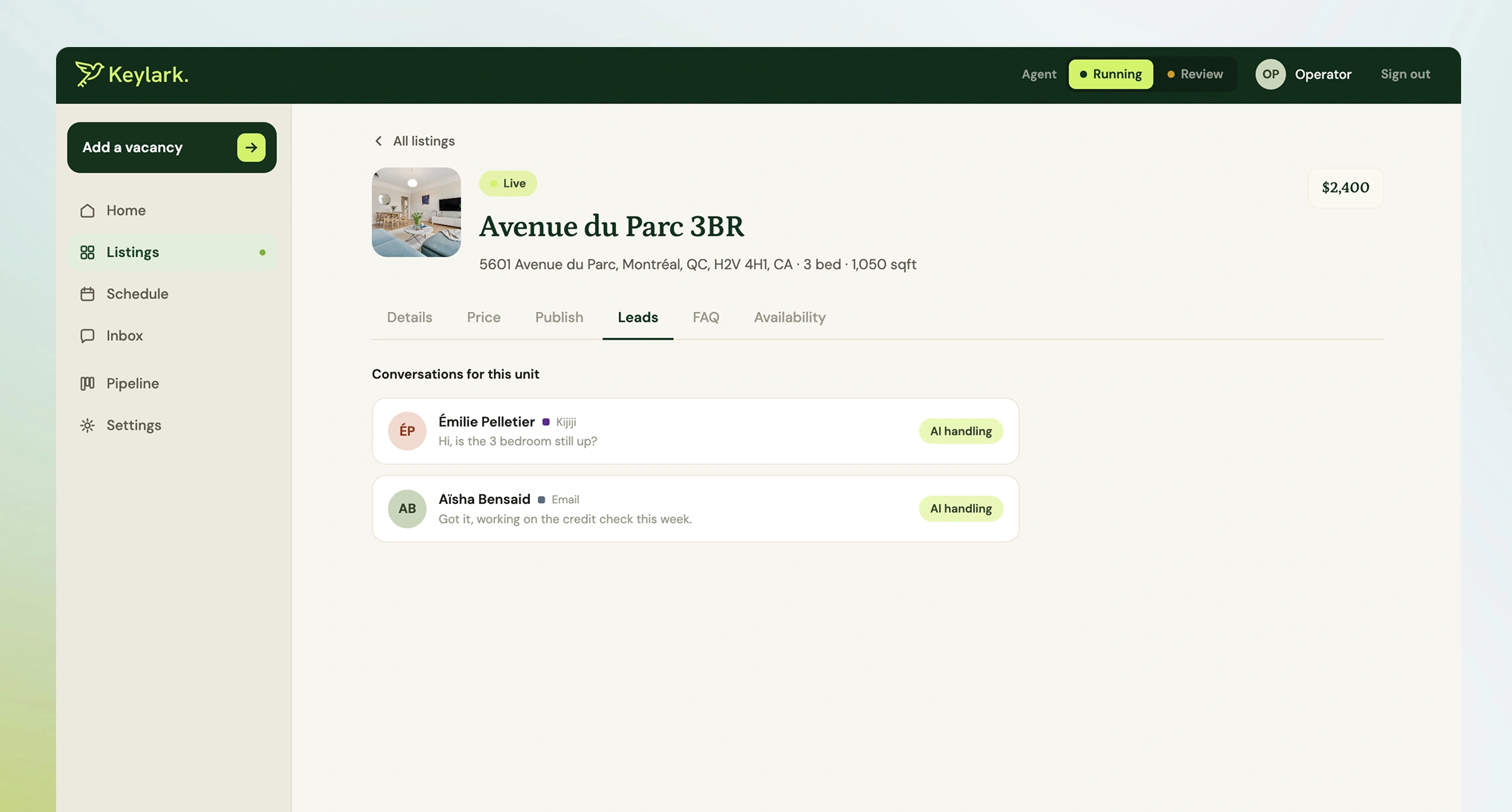 One listing's Leads tab. Two conversations, from Kijiji and email, each marked AI handling.