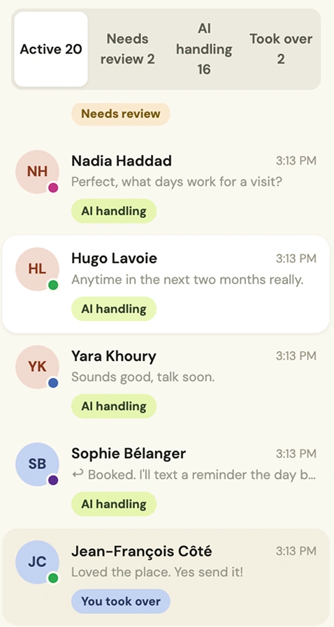 The console inbox: threads tagged AI handling in lime, one tagged Needs review, and one tagged You took over in periwinkle.