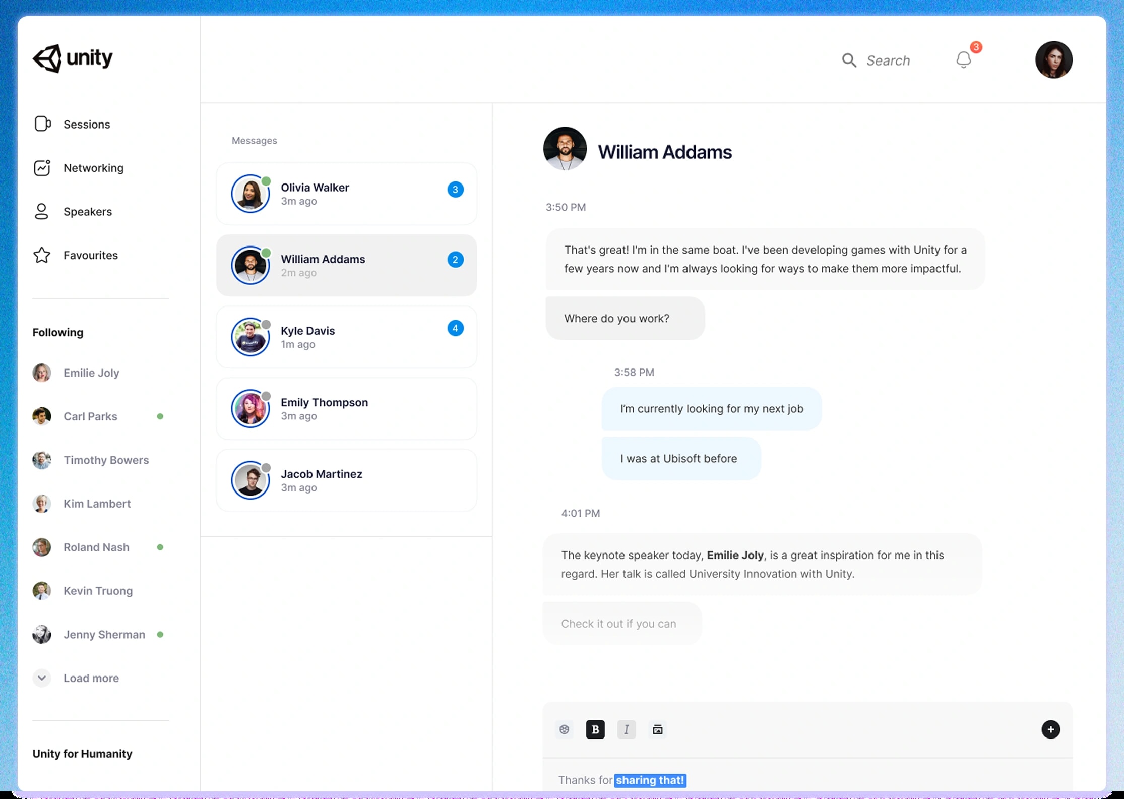 Direct messages in the event platform. A list of conversations with unread counts on the left, and a thread with William Addams on the right, where two attendees talk about their work and share a session link.