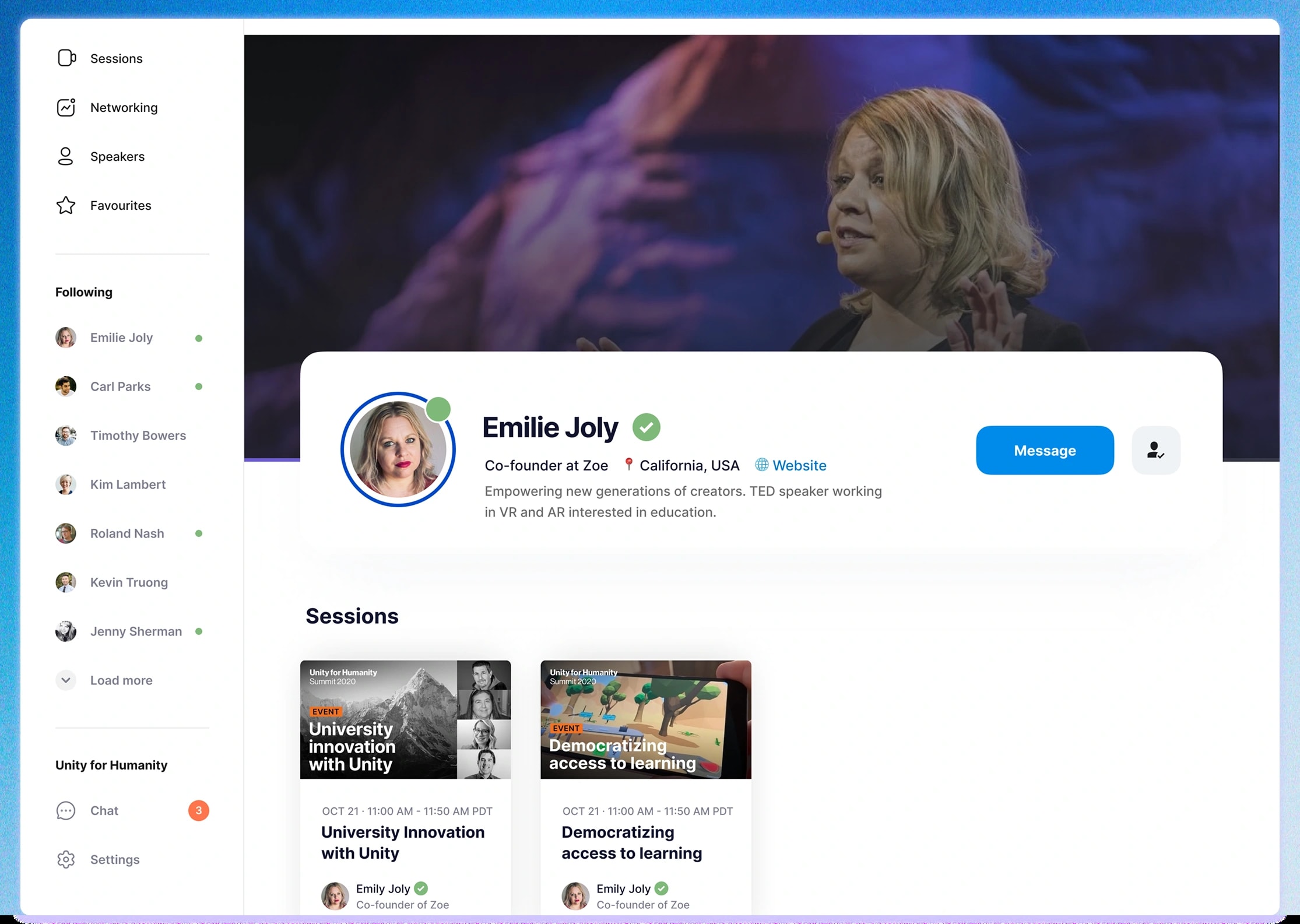 Emilie Joly's speaker profile, with a verified mark, her role and location, a short bio, Message and Follow buttons, and the sessions she is speaking in.